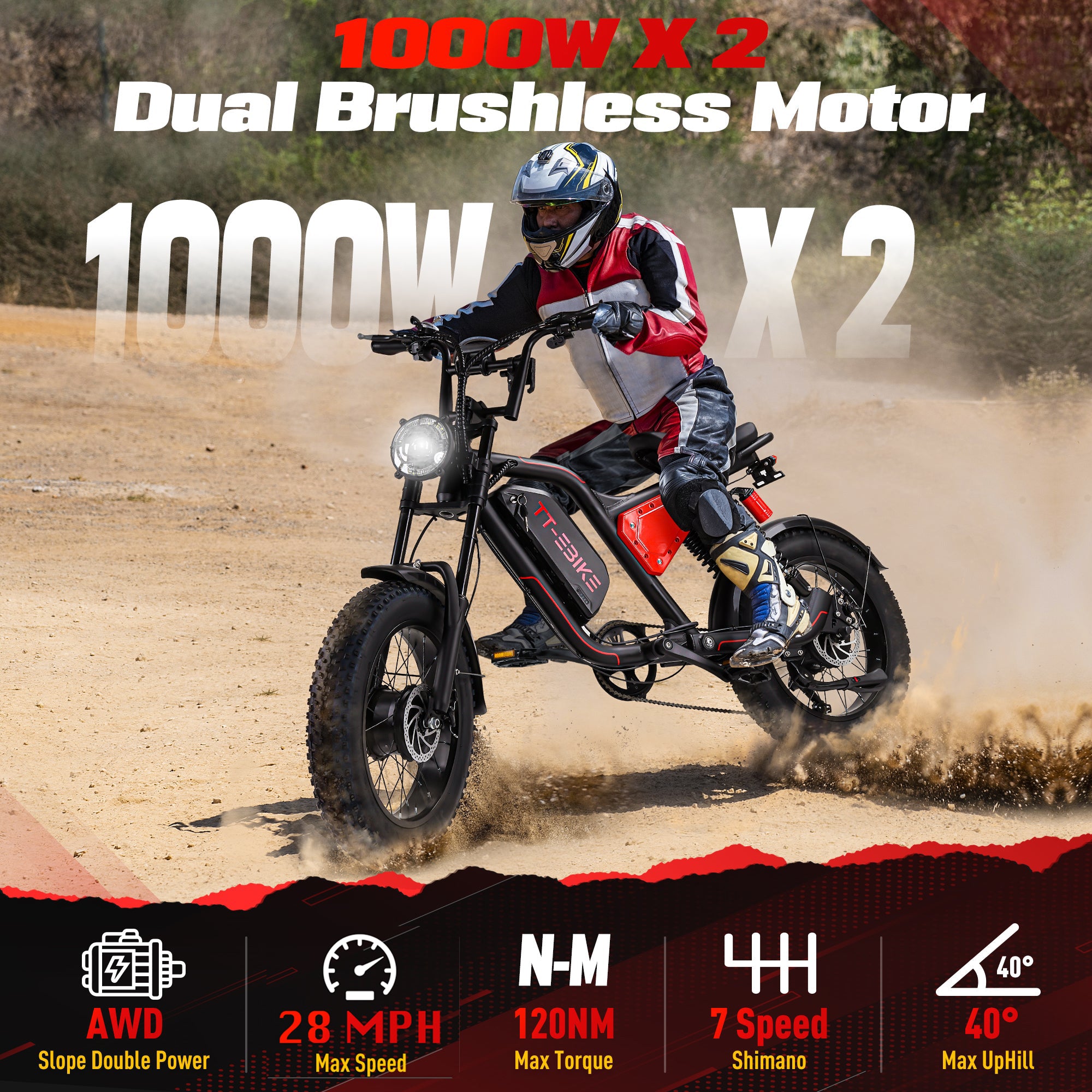 TT-EBIKE Electric Bike Adults 2000W Dual Motor with 48v 24.5AH Removable Battery, 20X4.0 Fat Tire Mountain EBike, 28MPH Dual Rear Shock Absorbers AWD E Bike for Commuter Beach, Shim 7-Speed Gear