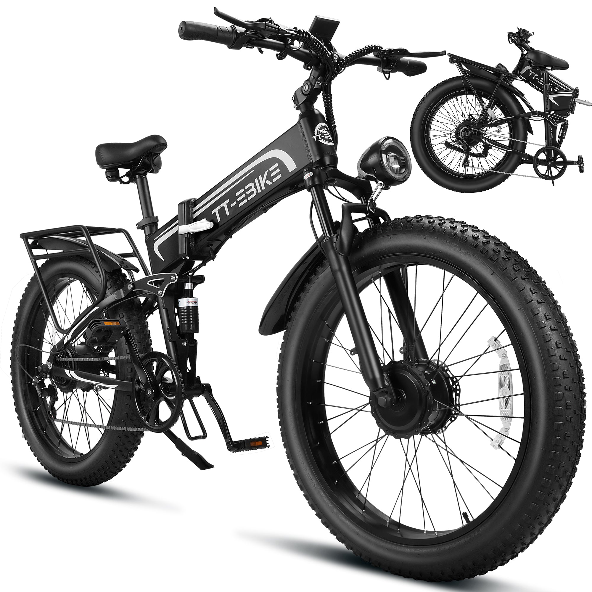 TT-EBIKE 4350W Dual Motor Folding Electric Bike Adults 28MPH with 52V 28AH Battery, 26x4 Fat Tire All Terrain Ebikes, Full Suspension E Bike, SHM 7-Speed Gear Electric Bicycle