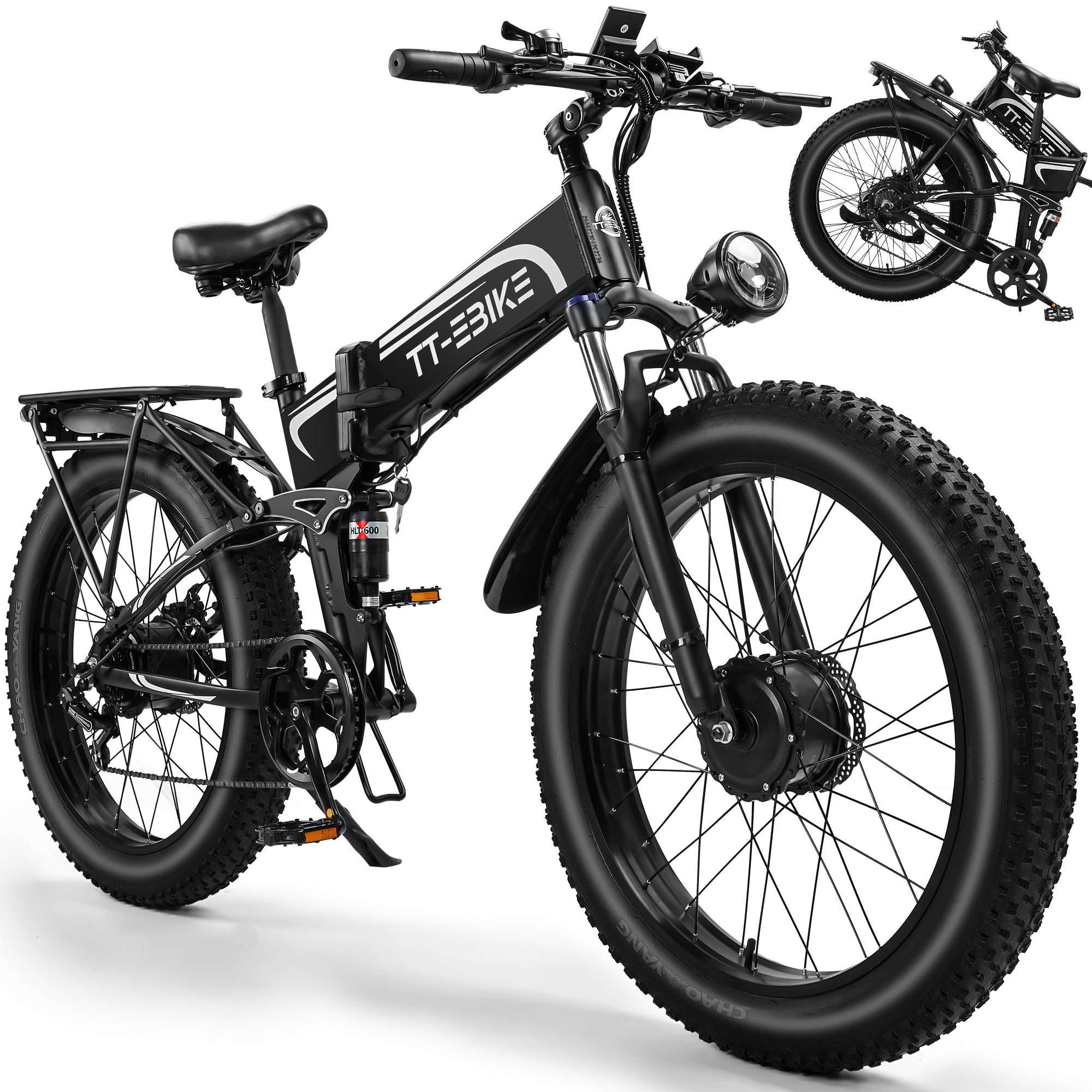 TT-EBIKE 3000W Dual Motor Folding Electric Bike for Adults with 52V 23AH Battery,26x4 Fat Tire All Terrain Ebikes,Full Suspension 28MPH E Bike,SHM 7-Speed Gear E Bikes