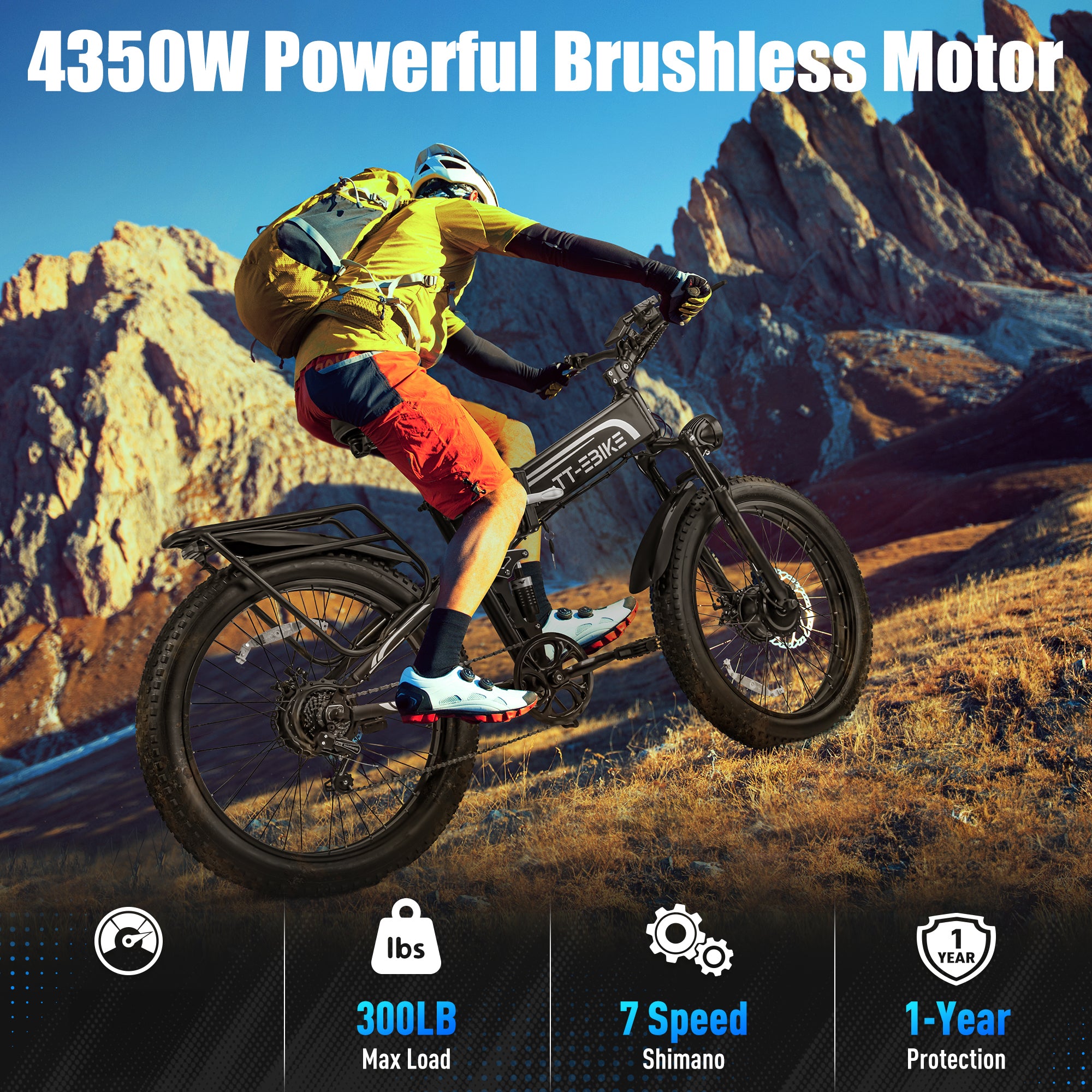 TT-EBIKE 4350W Dual Motor Folding Electric Bike Adults 28MPH with 52V 28AH Battery, 26x4 Fat Tire All Terrain Ebikes, Full Suspension E Bike, SHM 7-Speed Gear Electric Bicycle