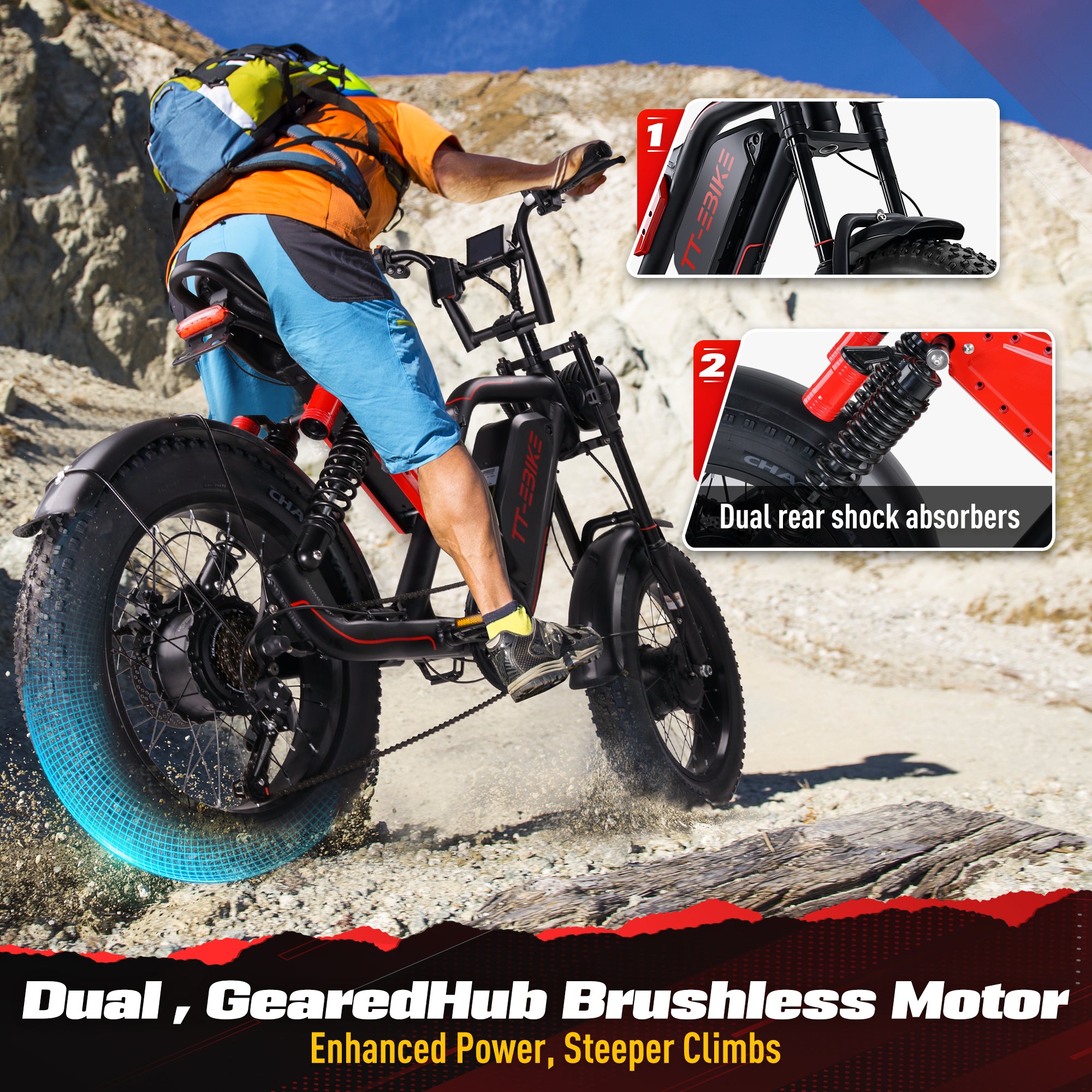 TT-EBIKE Electric Bike Adults 2000W Dual Motor with 48v 24.5AH Removable Battery, 20X4.0 Fat Tire Mountain EBike, 28MPH Dual Rear Shock Absorbers AWD E Bike for Commuter Beach, Shim 7-Speed Gear