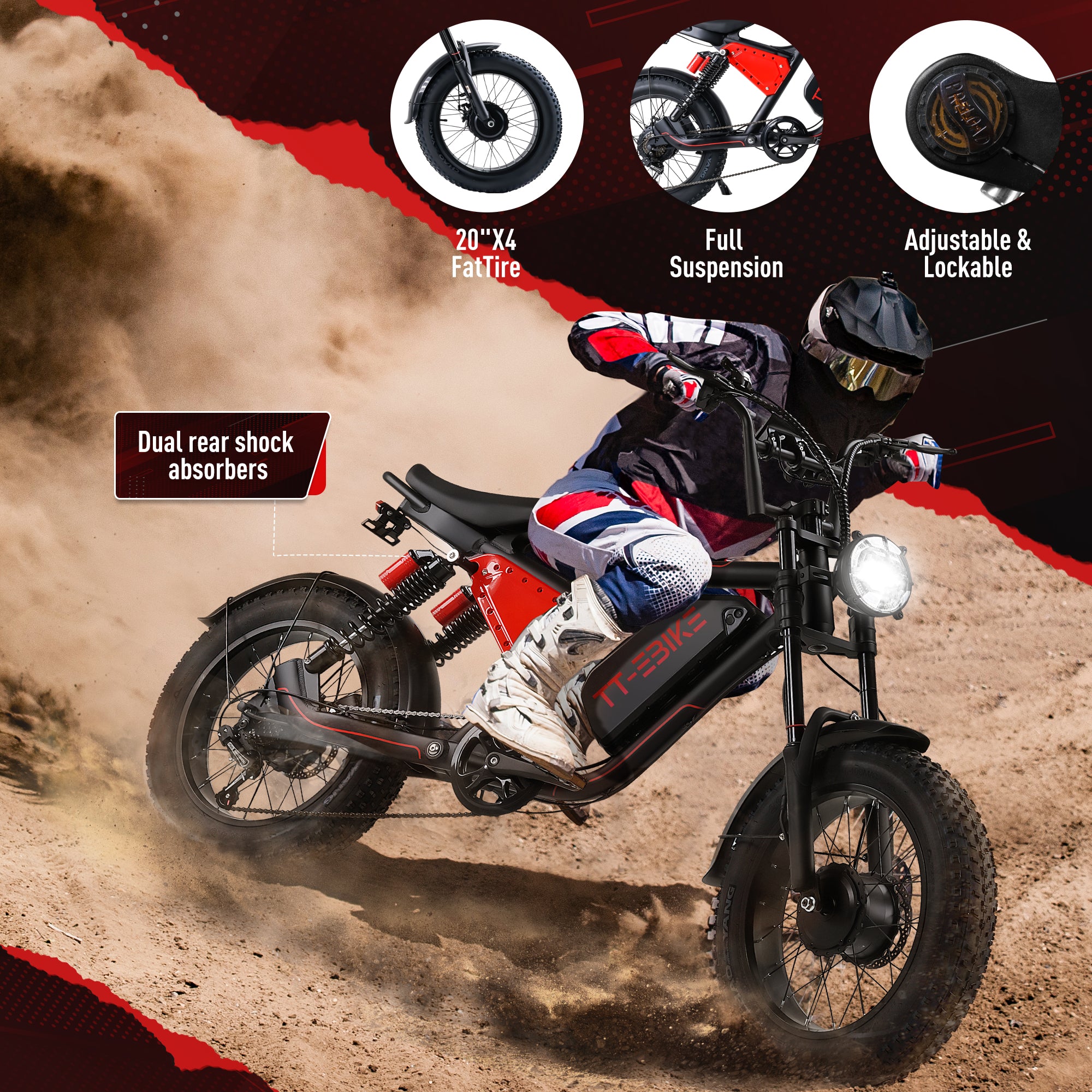 TT-EBIKE Electric Bike Adults 2000W Dual Motor with 48v 24.5AH Removable Battery, 20X4.0 Fat Tire Mountain EBike, 28MPH Dual Rear Shock Absorbers AWD E Bike for Commuter Beach, Shim 7-Speed Gear