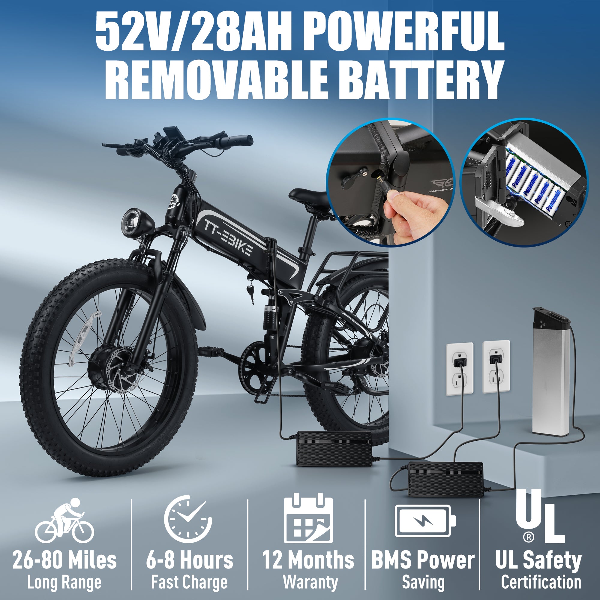 TT-EBIKE 4350W Dual Motor Folding Electric Bike Adults 28MPH with 52V 28AH Battery, 26x4 Fat Tire All Terrain Ebikes, Full Suspension E Bike, SHM 7-Speed Gear Electric Bicycle