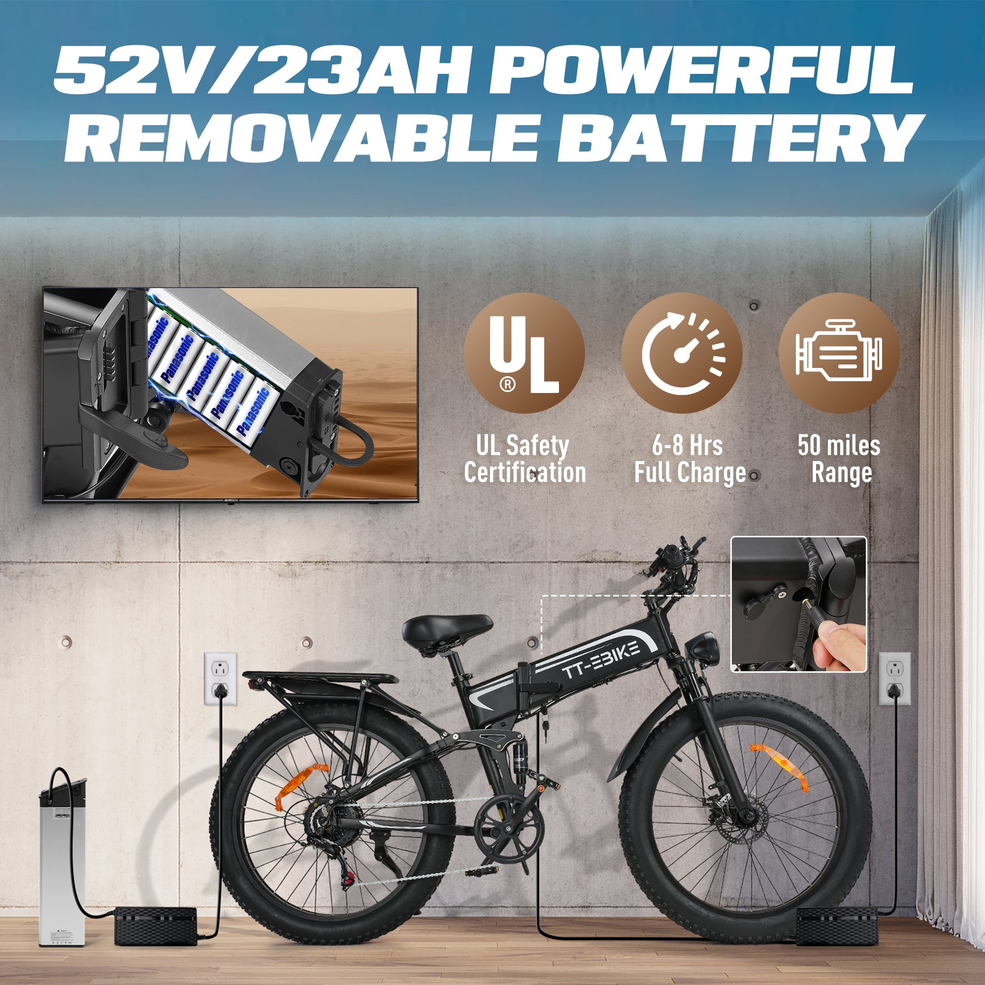 TT-EBIKE 2350W Folding Electric Bike Adults 28MPH with 52V 23AH Battery, 26x4 Fat Tire All Terrain Ebikes, Full Suspension E Bike, SHM 7-Speed Gear Electric Bicycle