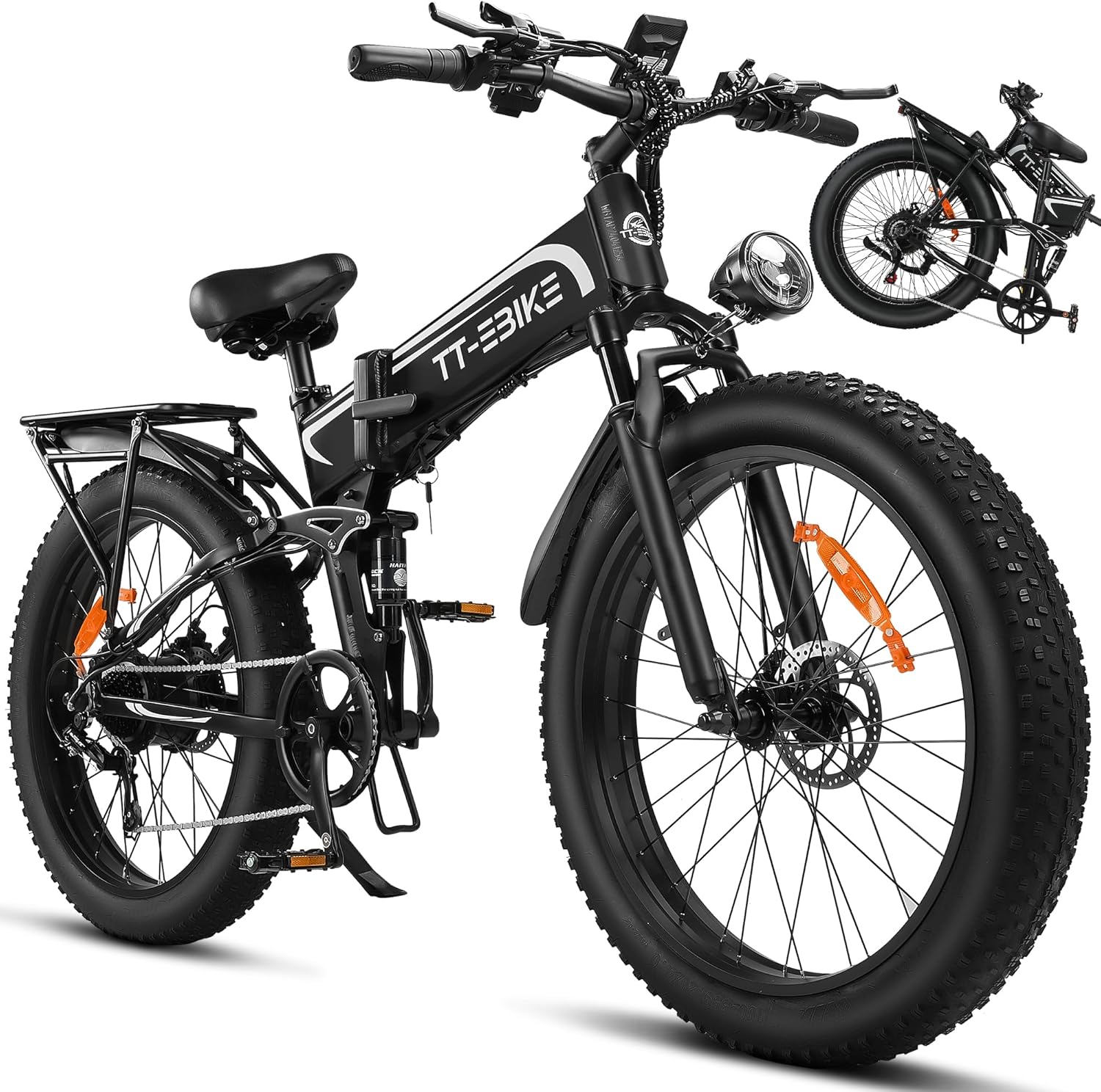TT-EBIKE 2350W Folding Electric Bike Adults 28MPH with 52V 23AH Battery, 26x4 Fat Tire All Terrain Ebikes, Full Suspension E Bike, SHM 7-Speed Gear Electric Bicycle