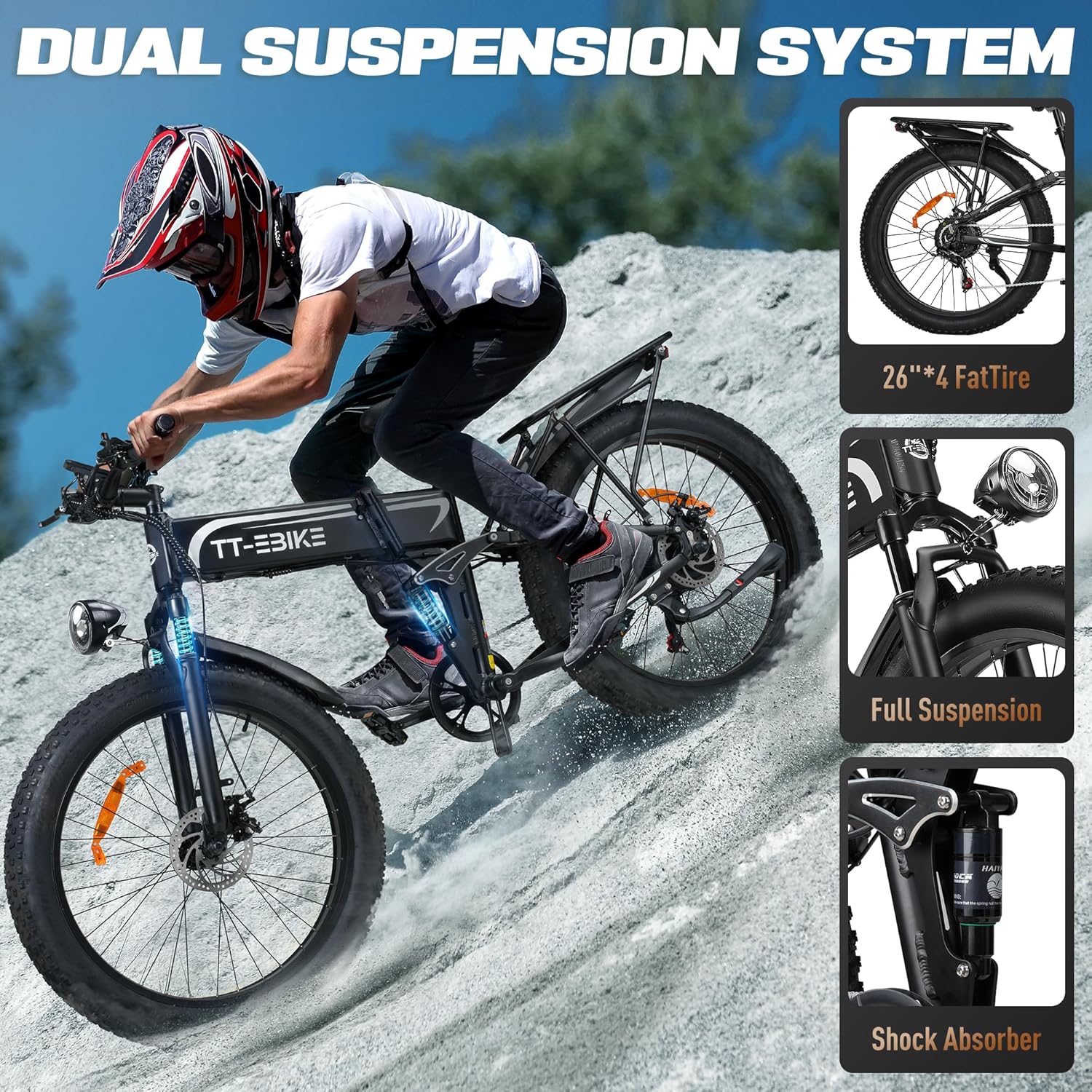 TT-EBIKE 2350W Folding Electric Bike Adults 28MPH with 52V 23AH Battery, 26x4 Fat Tire All Terrain Ebikes, Full Suspension E Bike, SHM 7-Speed Gear Electric Bicycle
