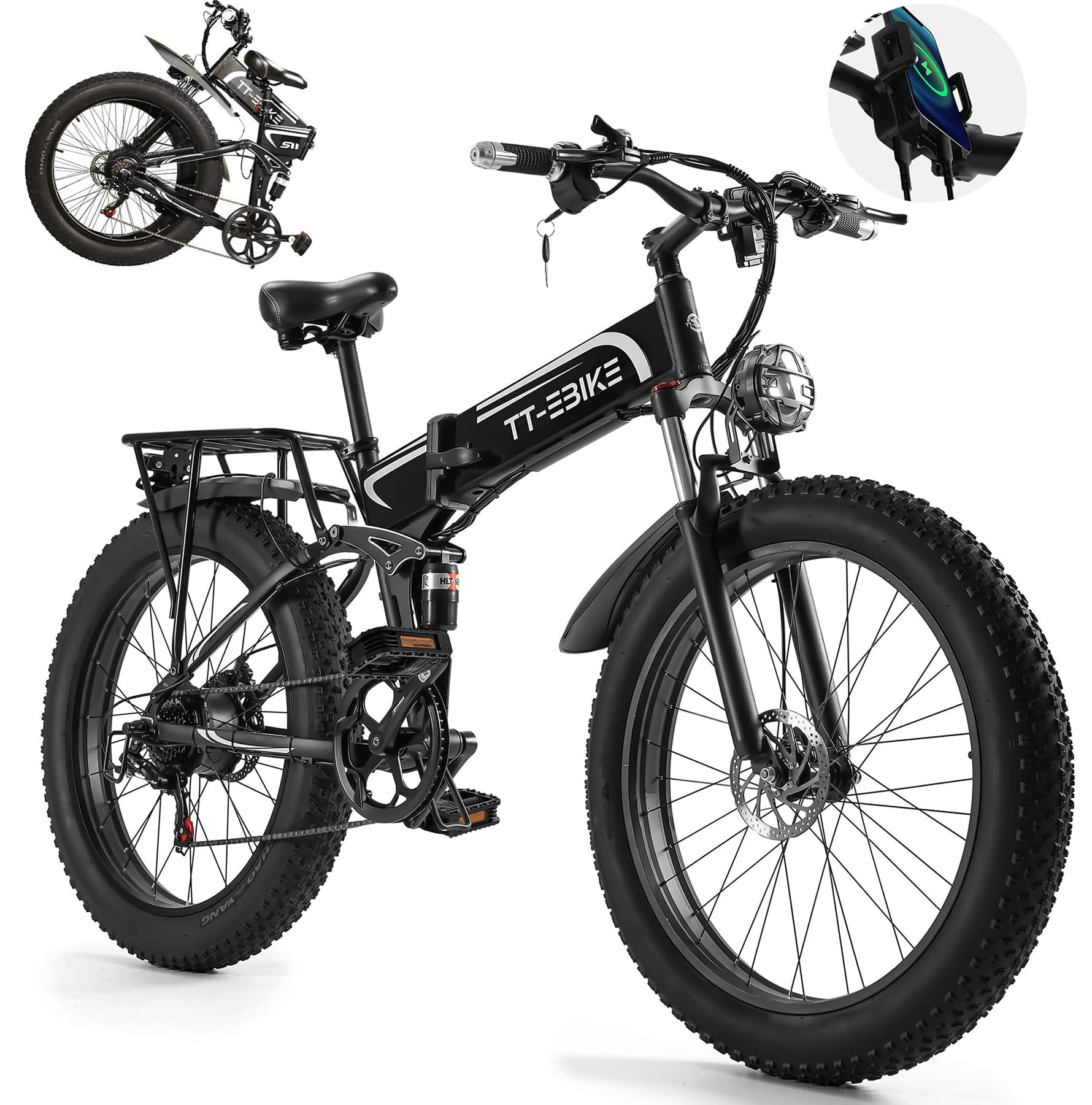 TT-EBIKE Folding Electric Bike Adults 2000W with 48V 23AH Removable Battery 26 inch 4.0 Fat Tire 28MPH Full Suspension Snow Mountain Beach Ebike with Shim 7-Speed Gear