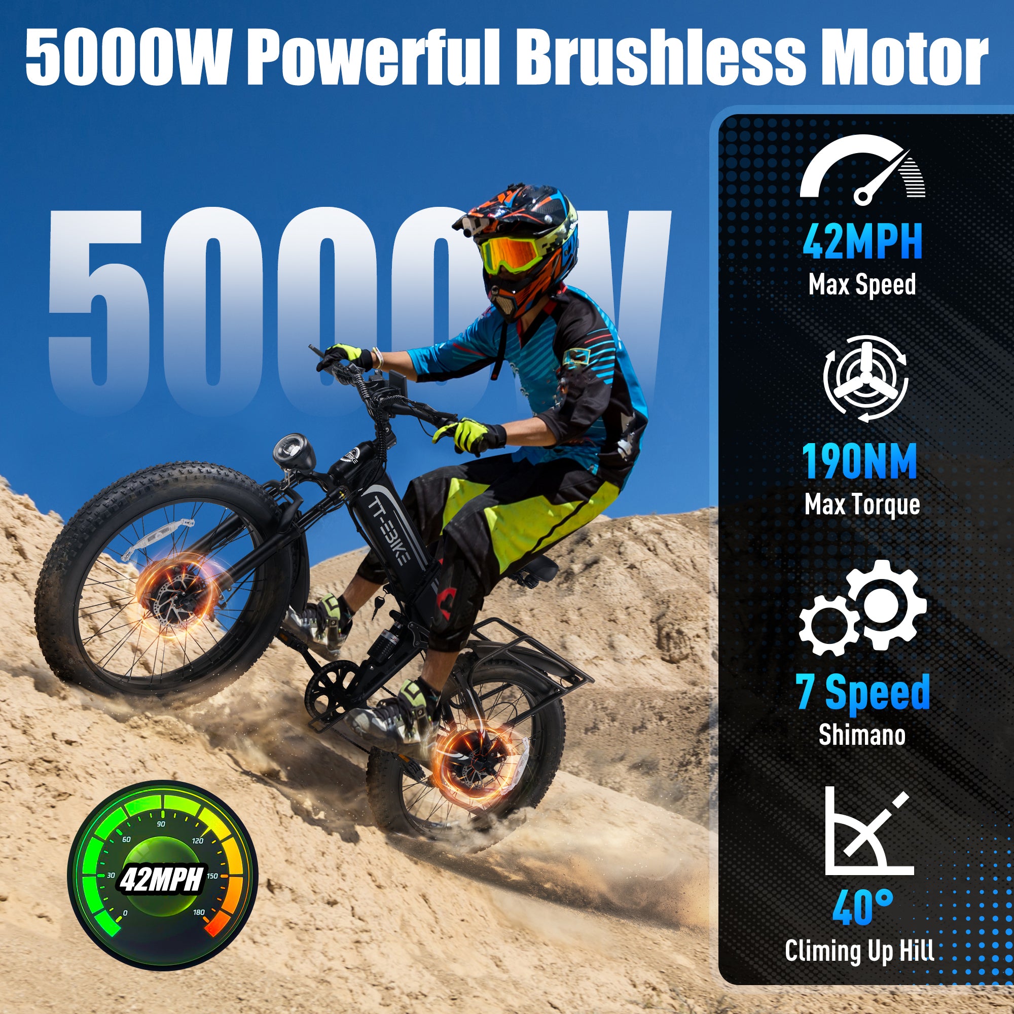 5000W Dual Motor Electric Bike for Adults 42MPH 60V 30A, 26x4 Fat Tire All Terrain Ebikes, Full Suspension E Bike, SHM 7-Speed Gear Electric Bicycle